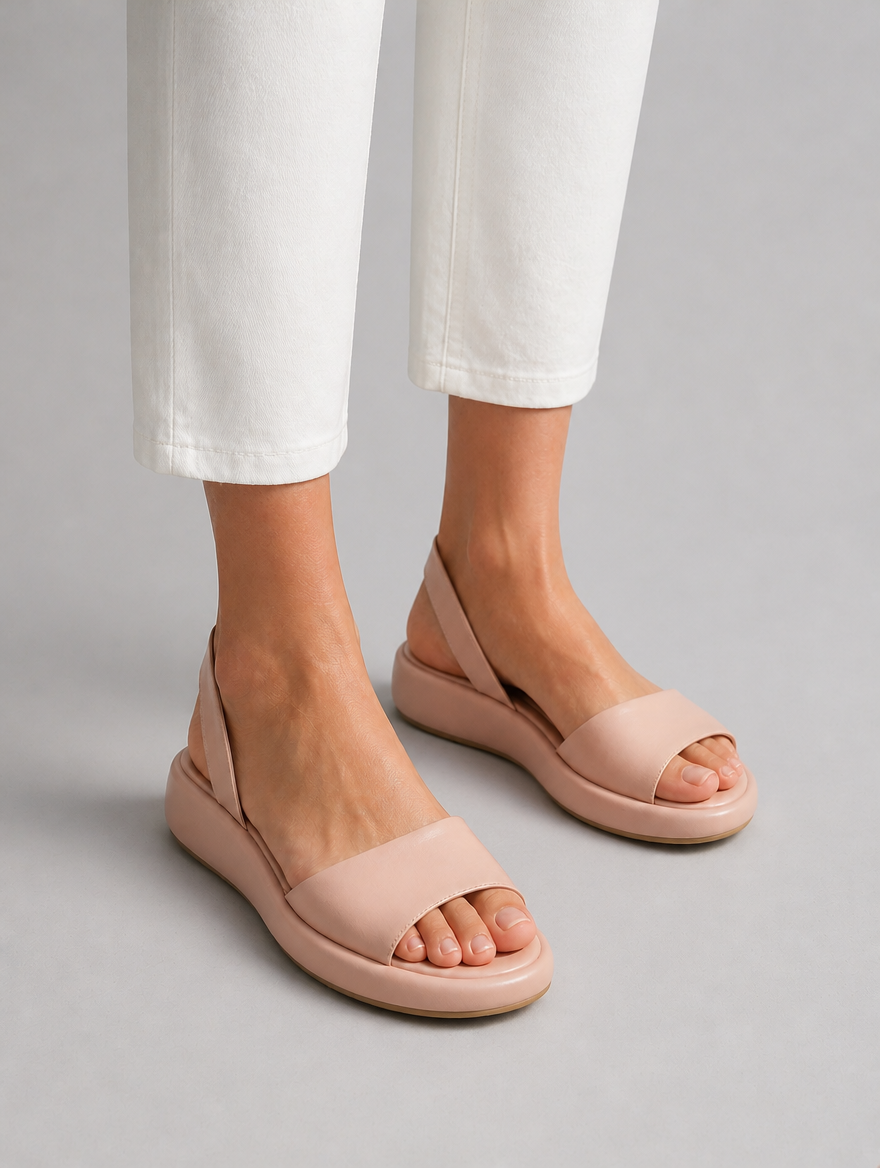 Women’s Open Toe Slingback Flat Sandals – Minimal Low Wedge Design — studio view