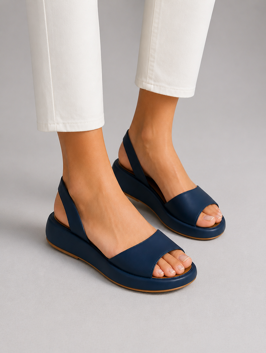 Women’s Open Toe Slingback Flat Sandals – Minimal Low Wedge Design — studio view