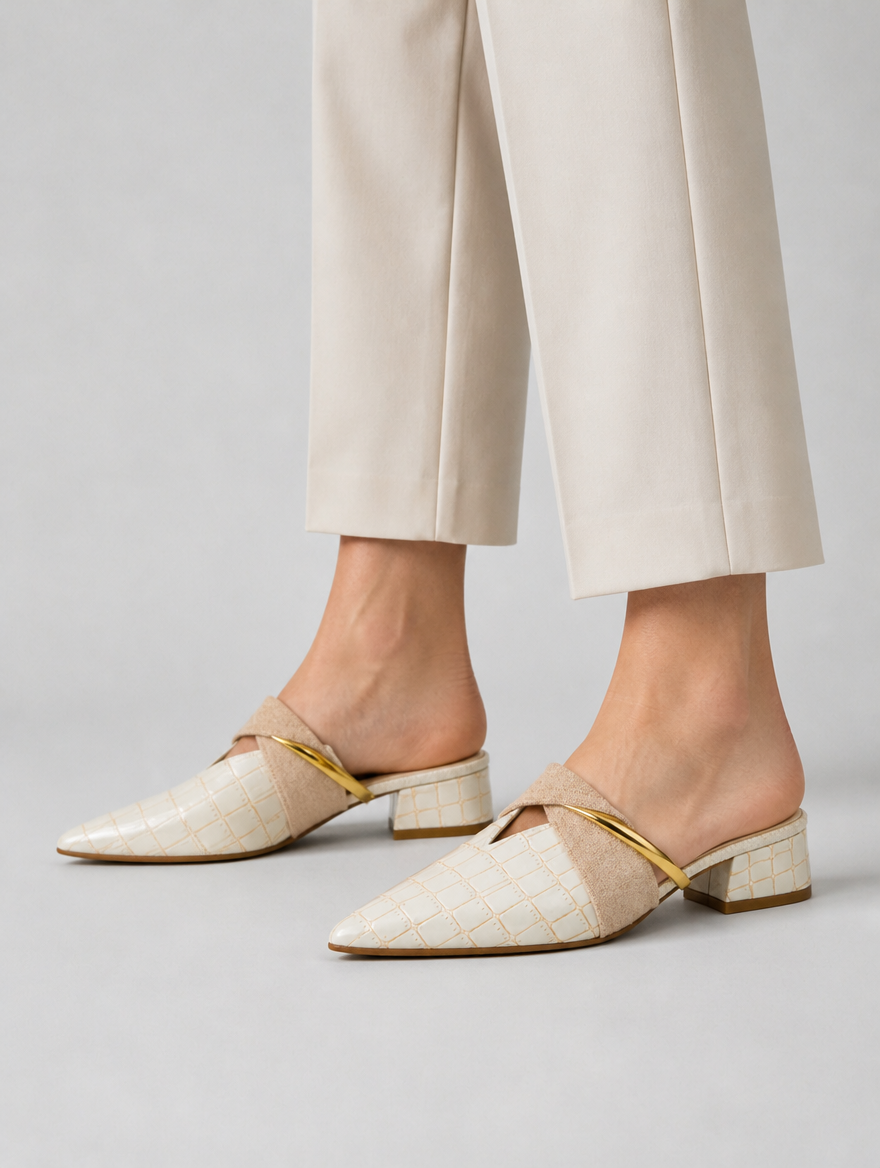 Women’s Pointed Toe Mule Heels – Croc Effect Elegant Slip-On