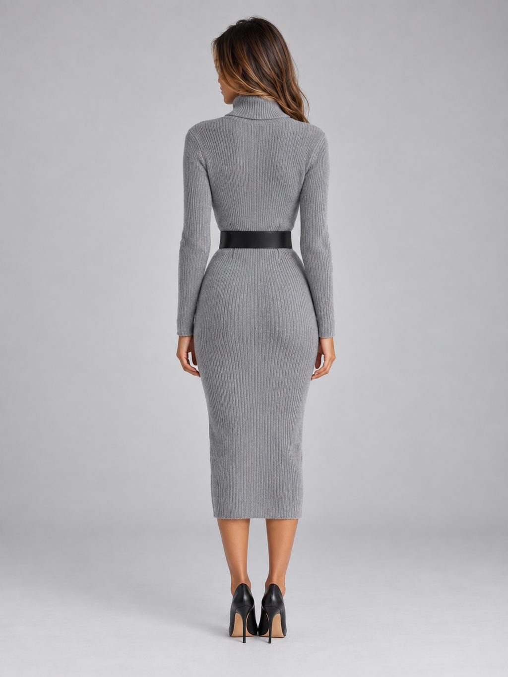 Women’s Ribbed Knit Midi Dress with Belt