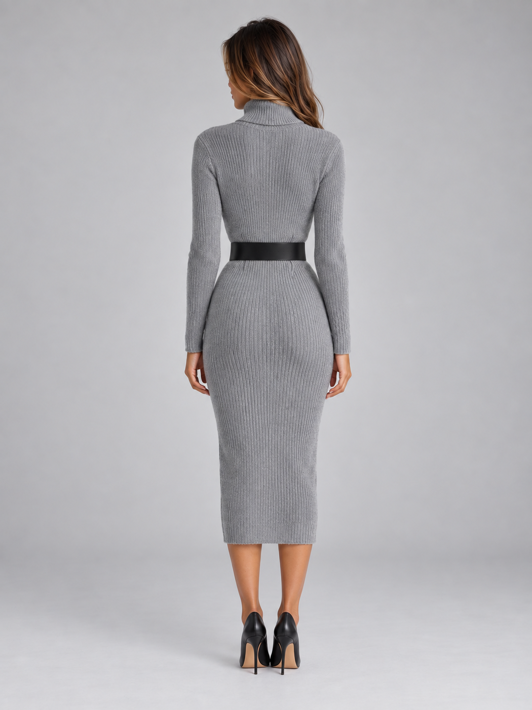 Women’s Ribbed Knit Midi Dress with Belt