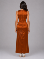 Women's Satin Feel Ruched Maxi Dress