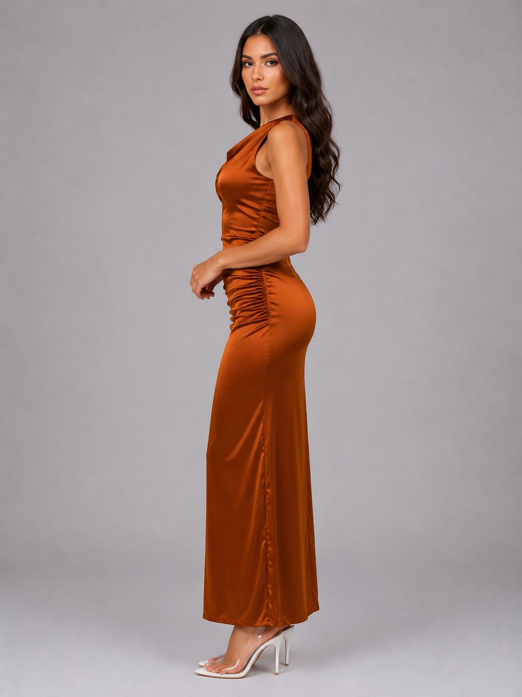 Women's Satin Feel Ruched Maxi Dress