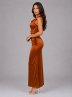 Women's Satin Feel Ruched Maxi Dress
