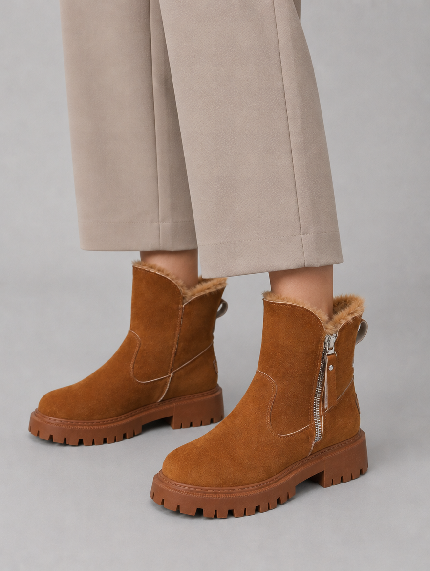 Women’s Suede Ankle Boots – Faux Fur Lined Chunky Winter Shoes