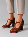 Women’s T-Bar Brogue Block Heel Shoes – Classic Leather Look Style