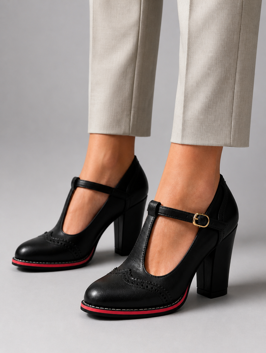 Women’s T-Bar Brogue Block Heel Shoes – Classic Leather Look Style