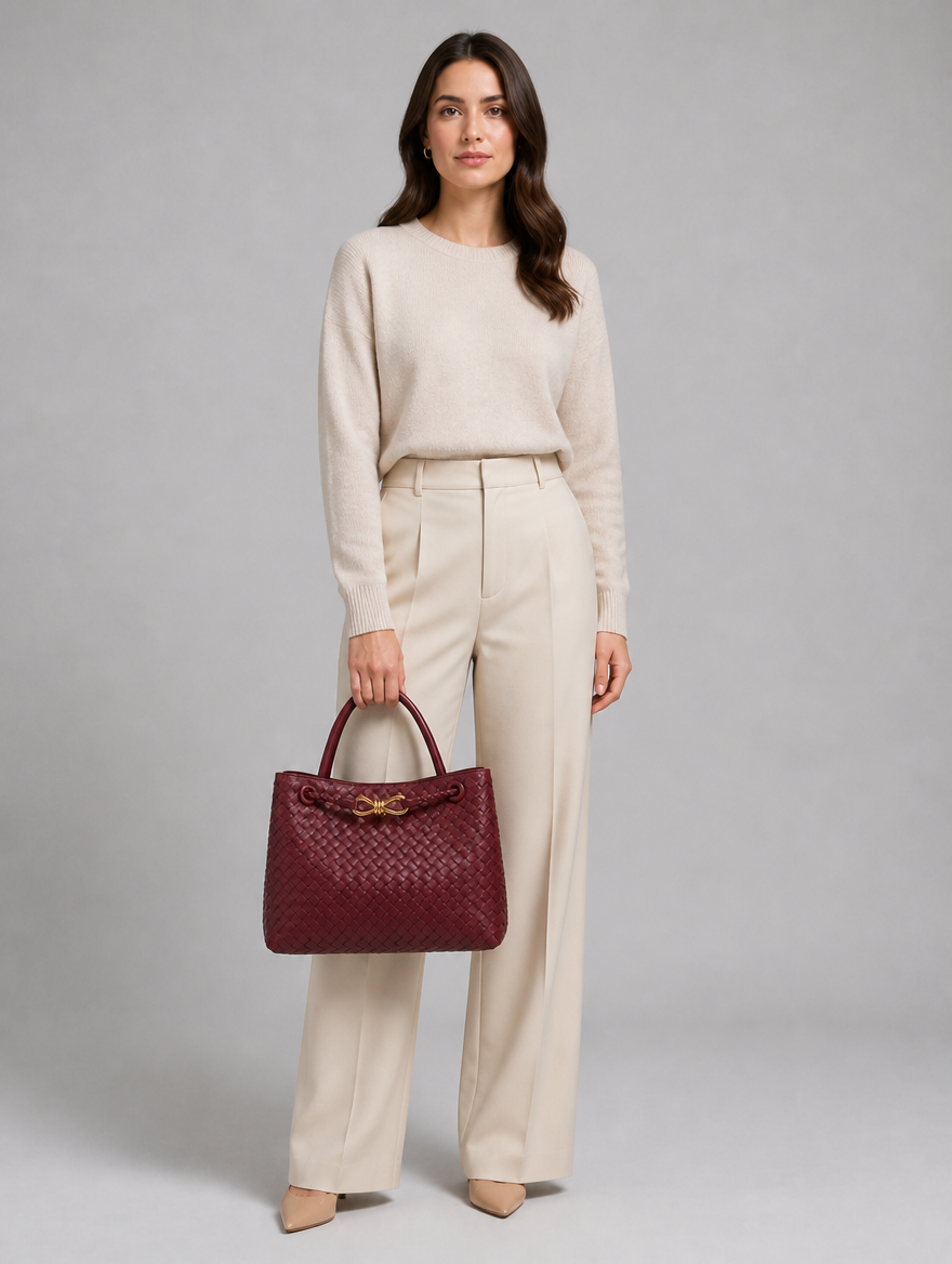 Women’s Woven Vegan Leather Handbag – Gold Detail Tote Bag