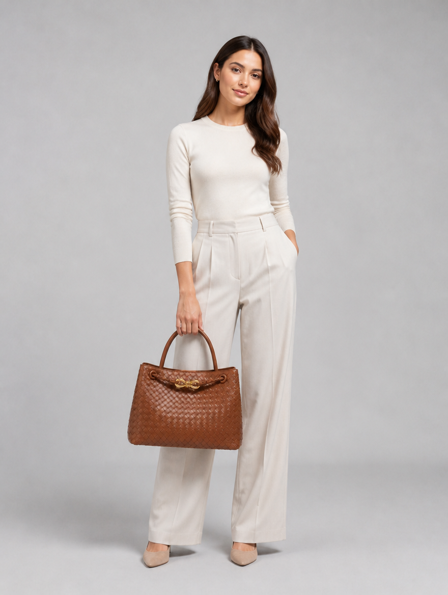 Women’s Woven Vegan Leather Handbag – Gold Detail Tote Bag