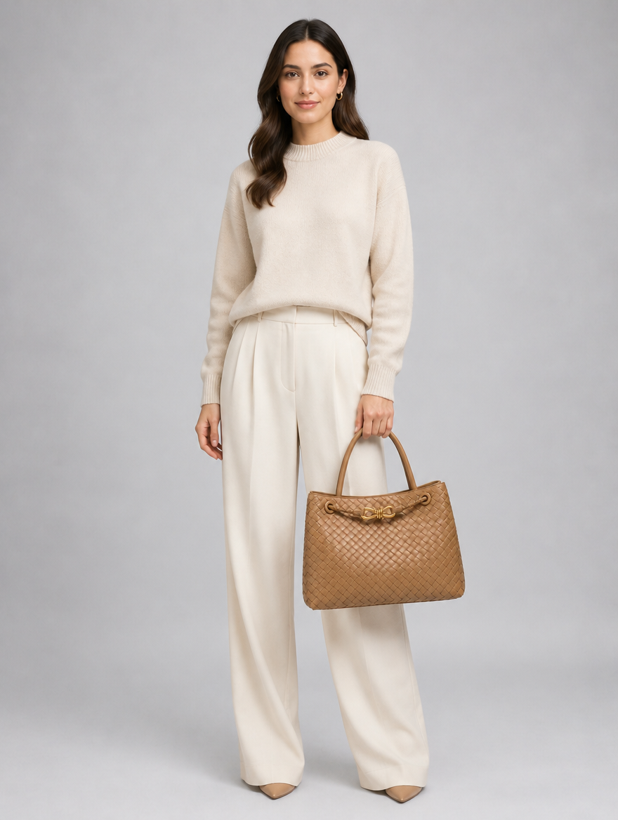 Women’s Woven Vegan Leather Handbag – Gold Detail Tote Bag