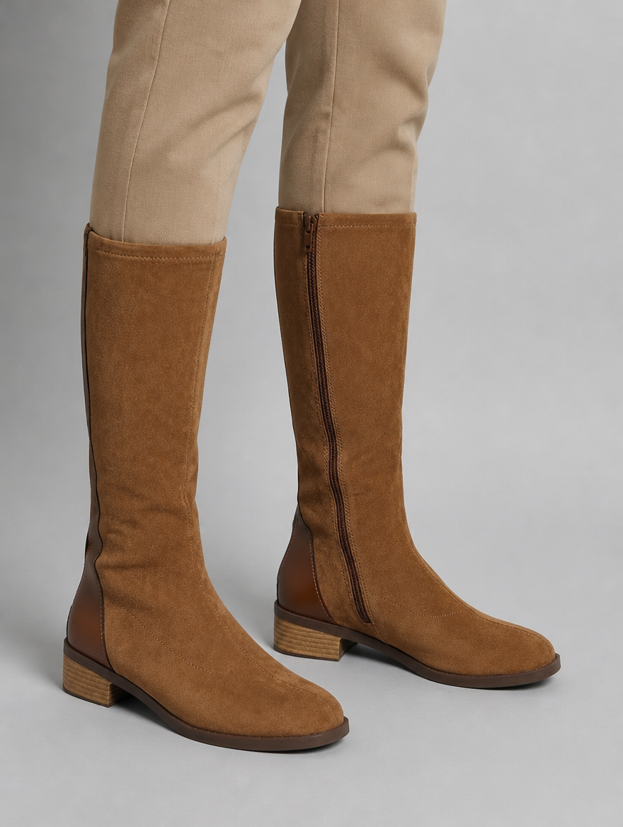 Women’s Knee-High Boots – Suede Look Classic Block Heel Style