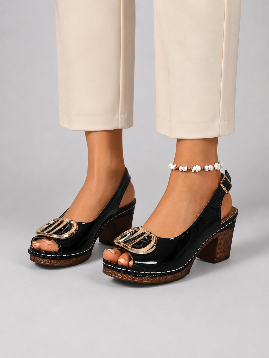 Women’s Comfort Strap Heels – Glossy Leather Look Style — studio view