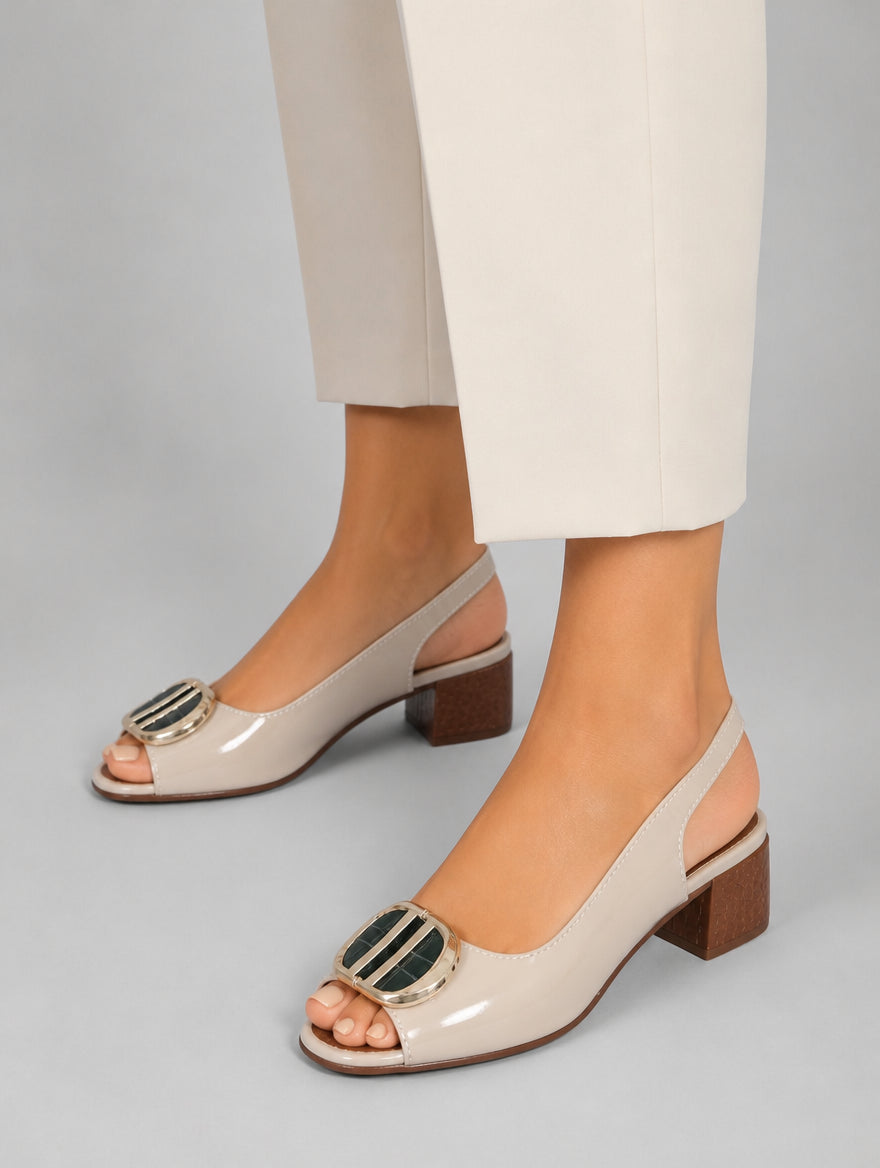 Women’s Comfort Strap Heels – Glossy Leather Look Style — studio view