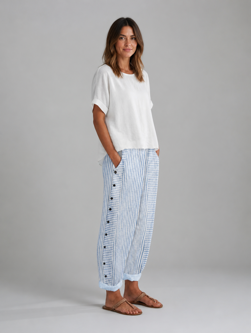 Women’s Striped Button Detail Trousers – Relaxed Fit