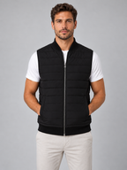 Men's black quilted bodywarmer, front studio view