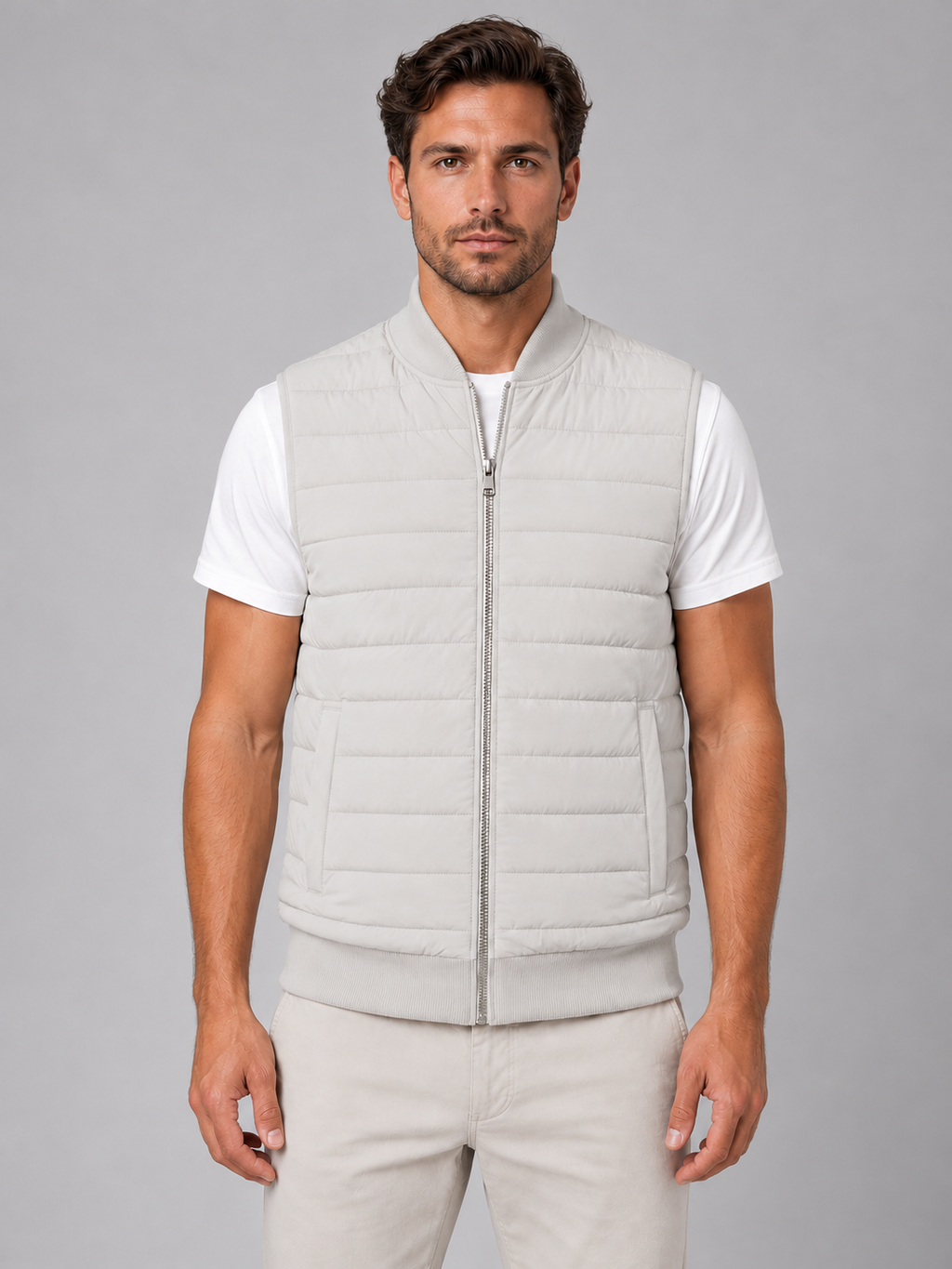 Men's light-grey quilted bodywarmer, front studio view