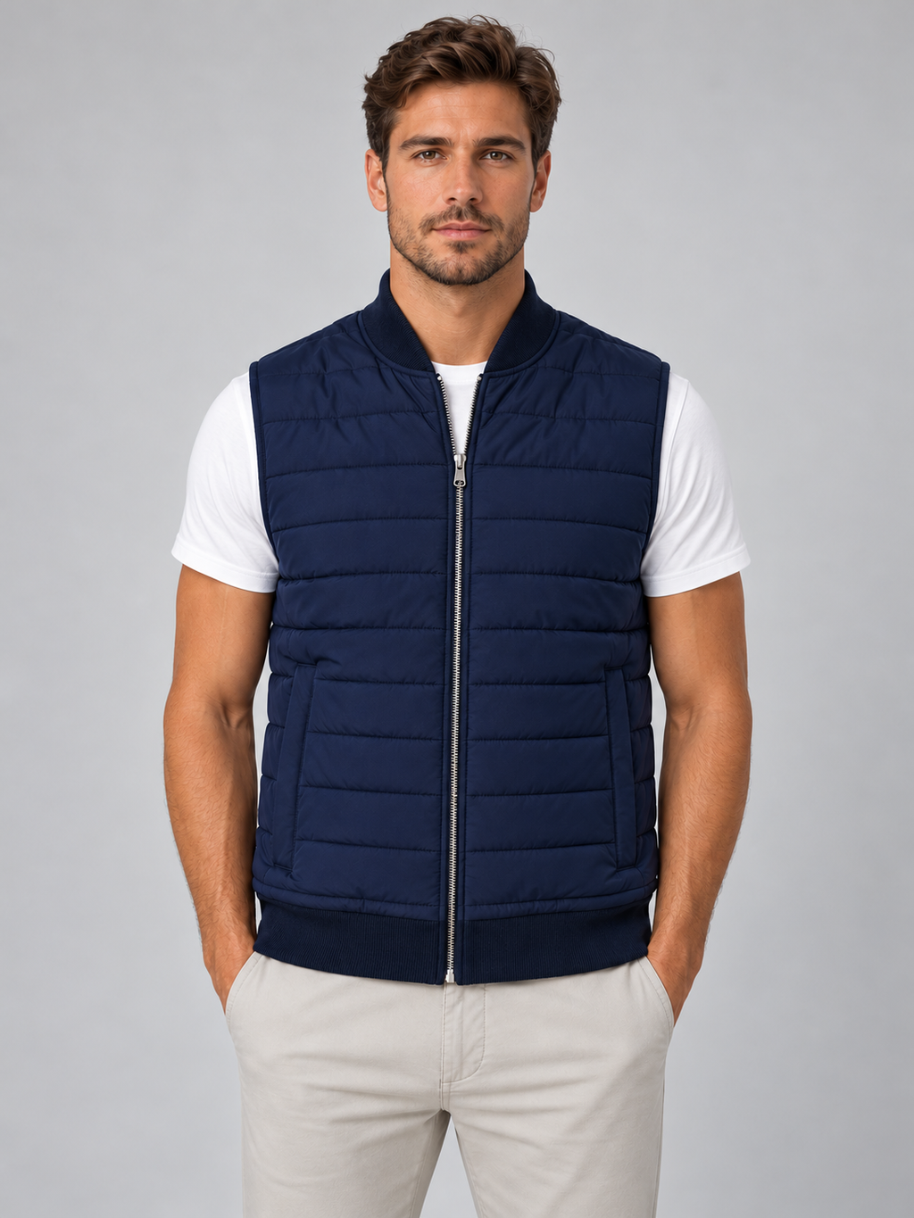 Men's navy quilted bodywarmer, front studio view