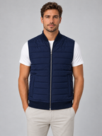Men's navy quilted bodywarmer, front studio view