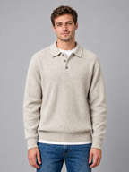 Men's button polo knit jumper — beige front studio view