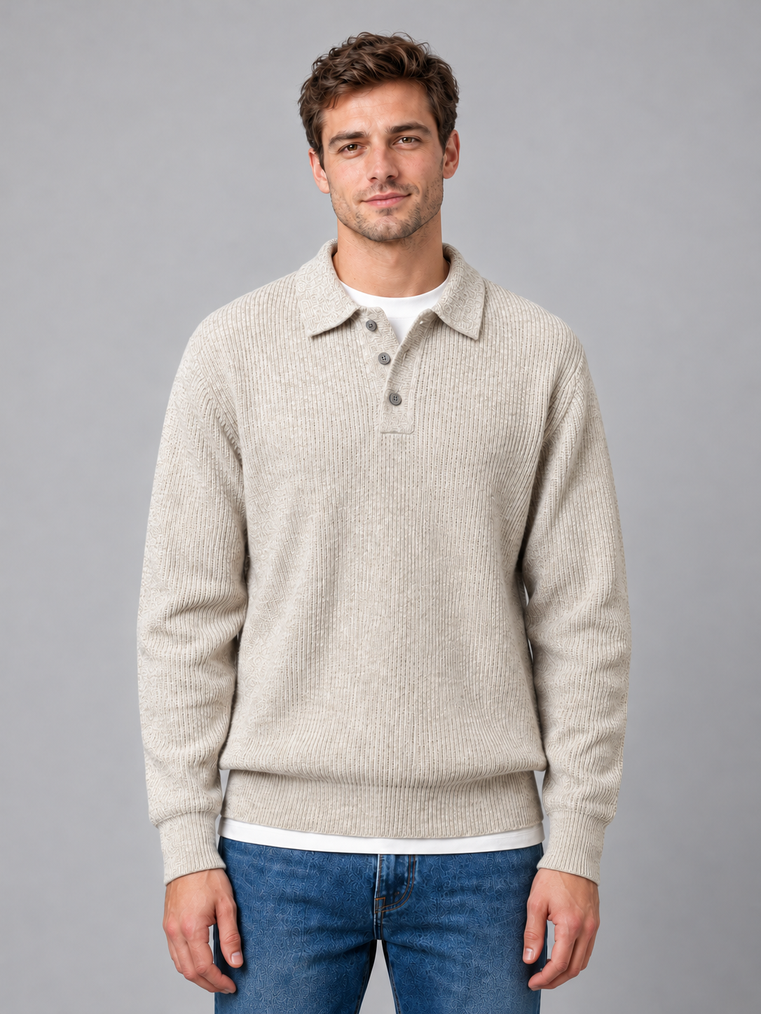 Men's button polo knit jumper — beige front studio view