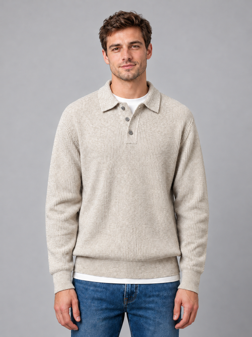 Men's button polo knit jumper — beige front studio view