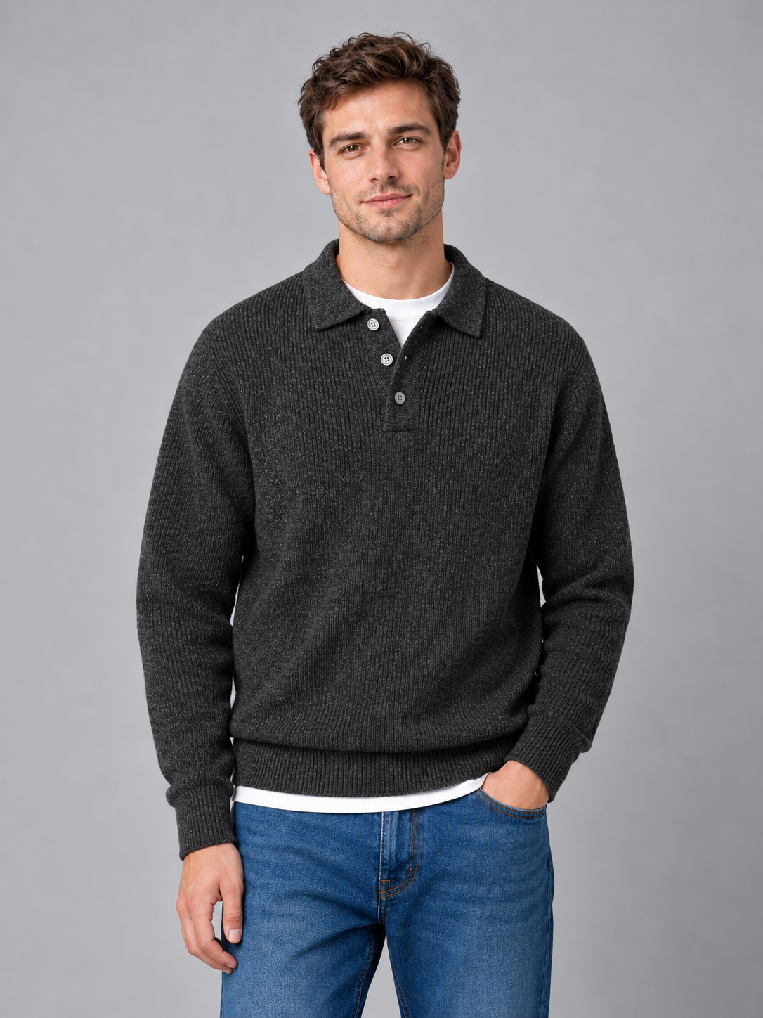 Men's button polo knit jumper — black grey front studio view