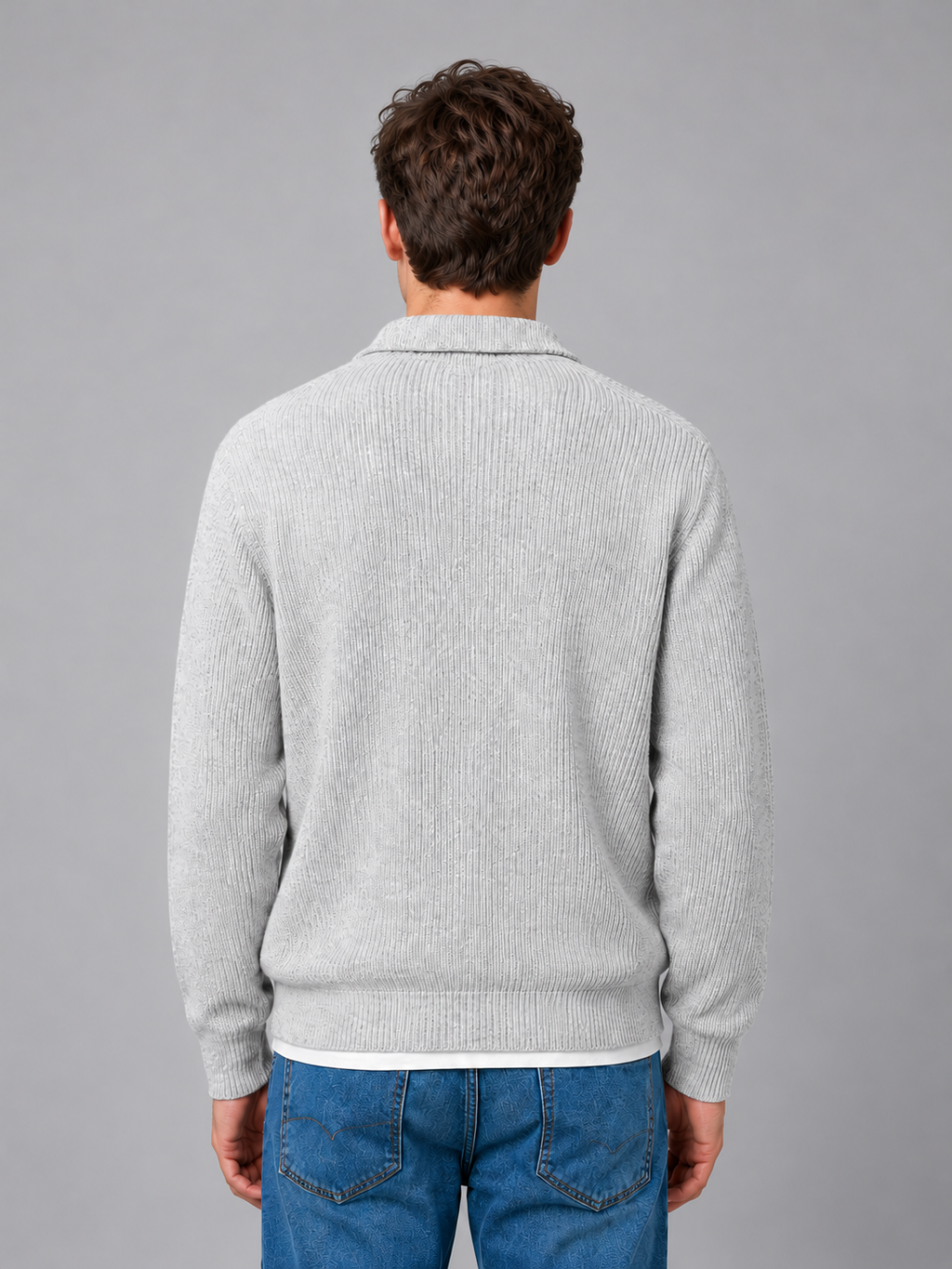 Men's button polo knit jumper — grey back studio view