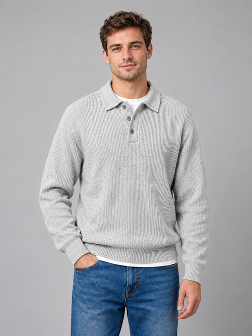 Men's grey button polo knit jumper, front studio view