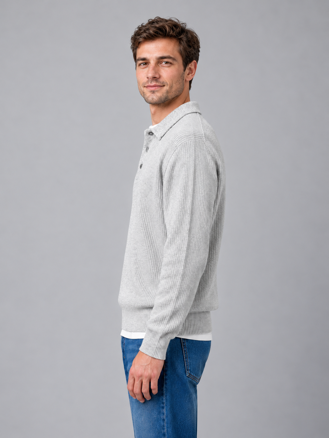 Men's button polo knit jumper — grey side studio view