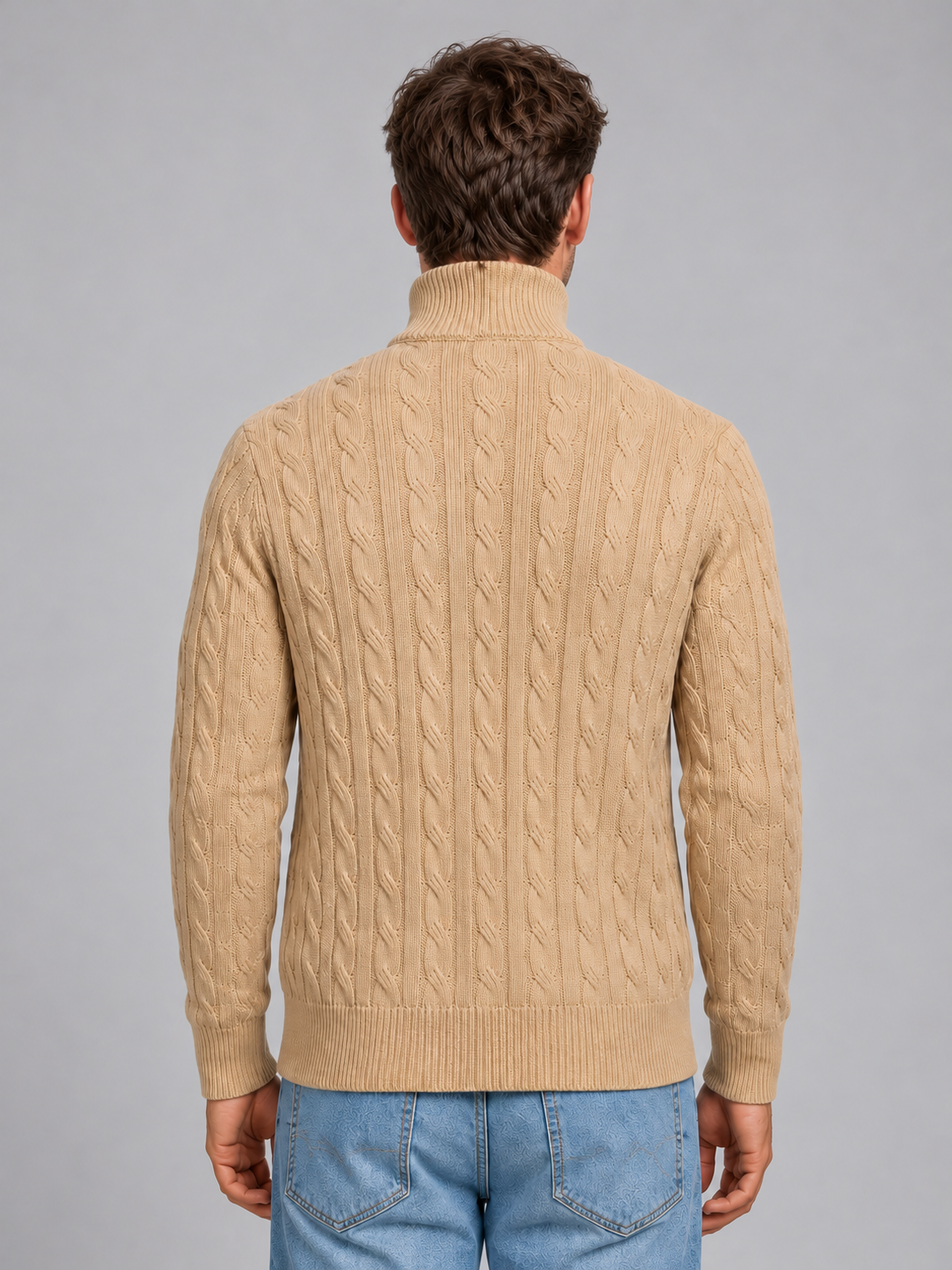 Men's cable knit quarter zip jumper — beige back studio view