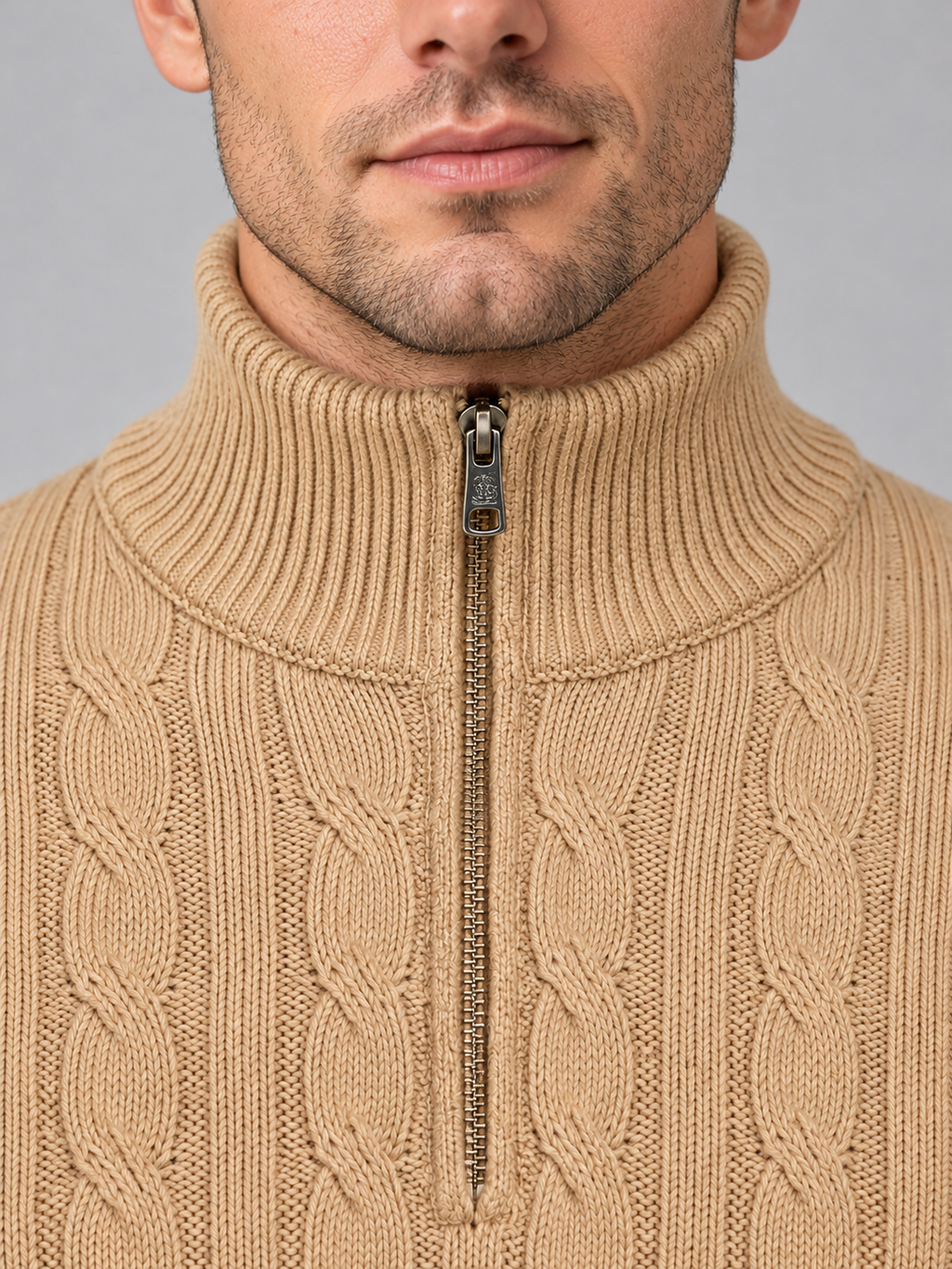 Men's cable knit quarter zip jumper — beige detail studio view