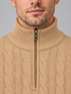 Men's cable knit quarter zip jumper — beige detail studio view
