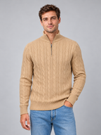 Men's cable knit quarter zip jumper — beige front studio view