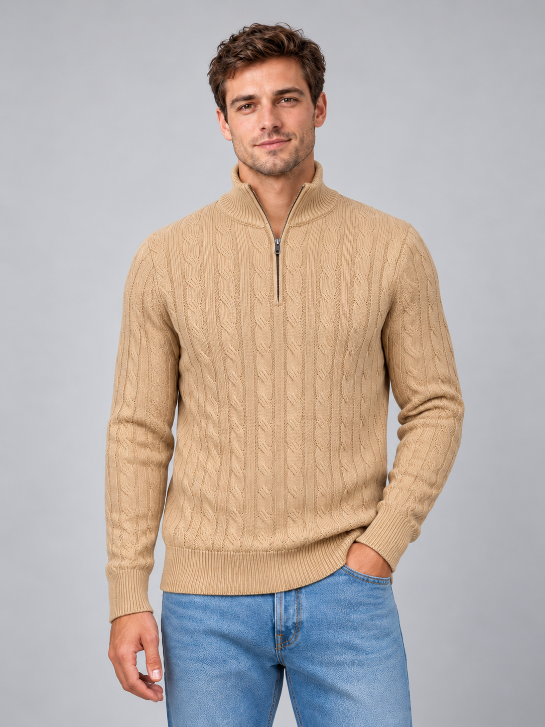 Men's cable knit quarter zip jumper — beige front studio view