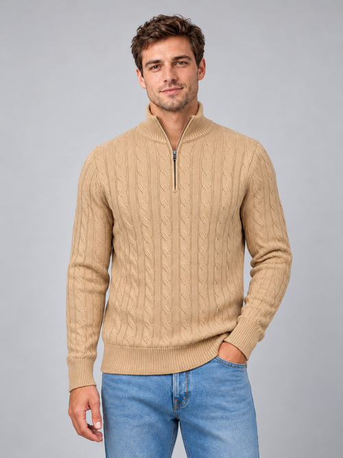 Men's cable knit quarter zip jumper — beige front studio view