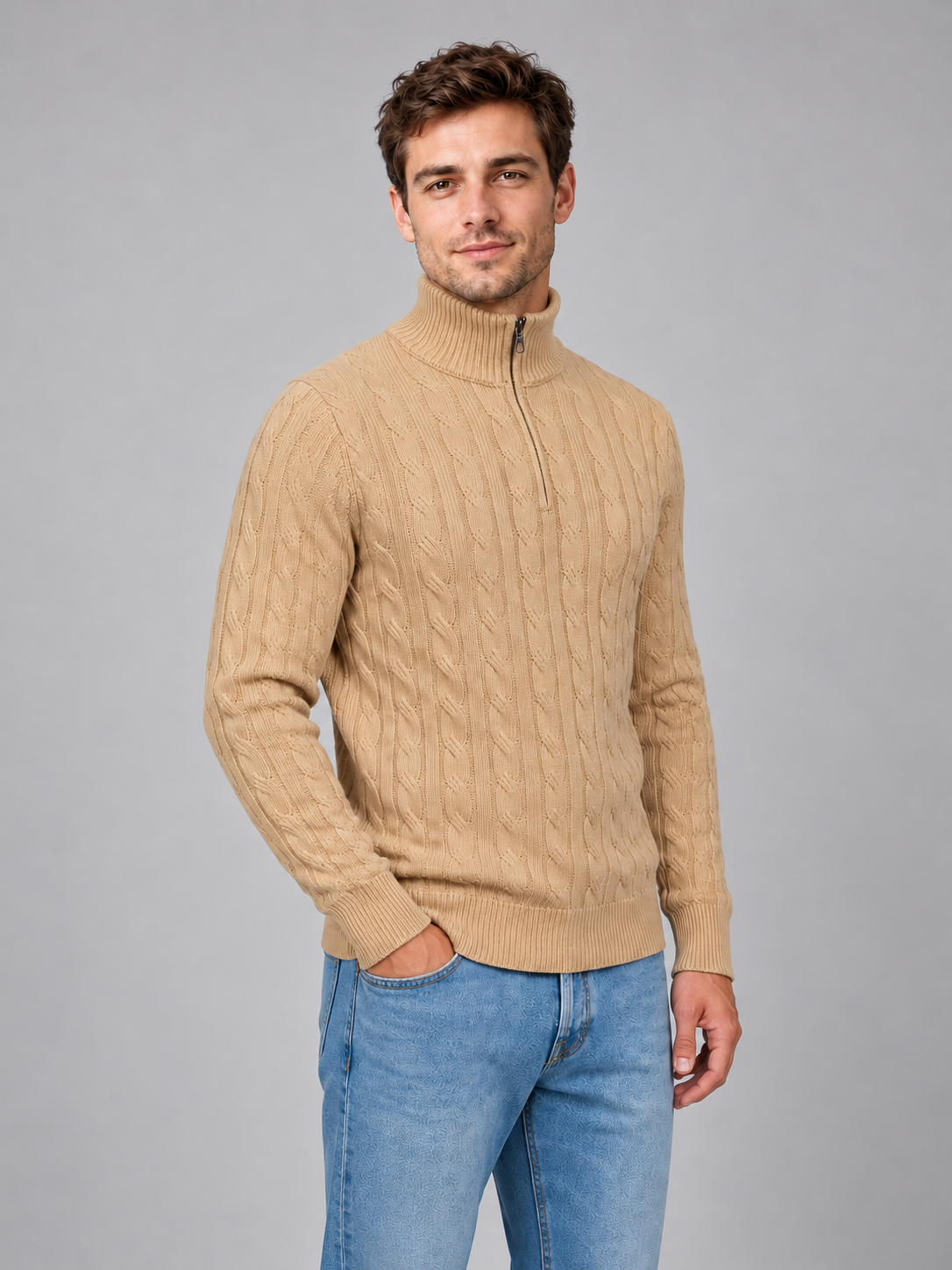 Men's cable knit quarter zip jumper — beige side studio view