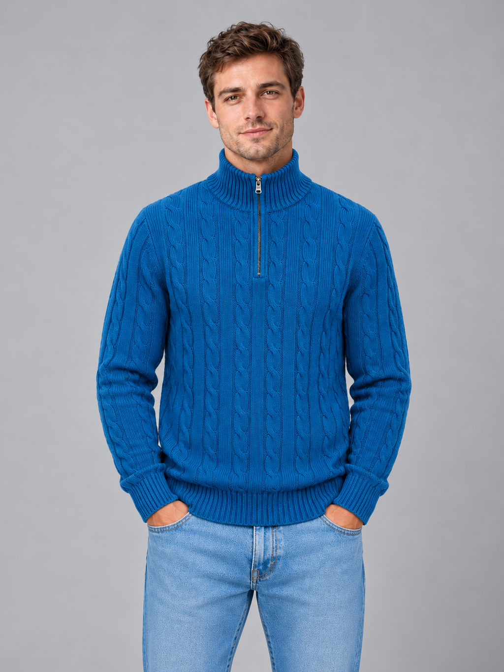 Men's cable knit quarter zip jumper — dark blue front studio view