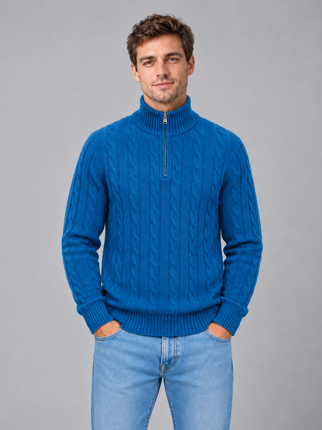 Men's cable knit quarter zip jumper — dark blue front studio view