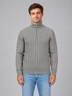 Men's cable knit quarter zip jumper — grey front studio view