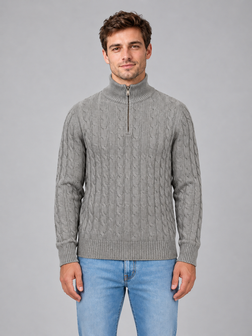 Men's cable knit quarter zip jumper — grey front studio view