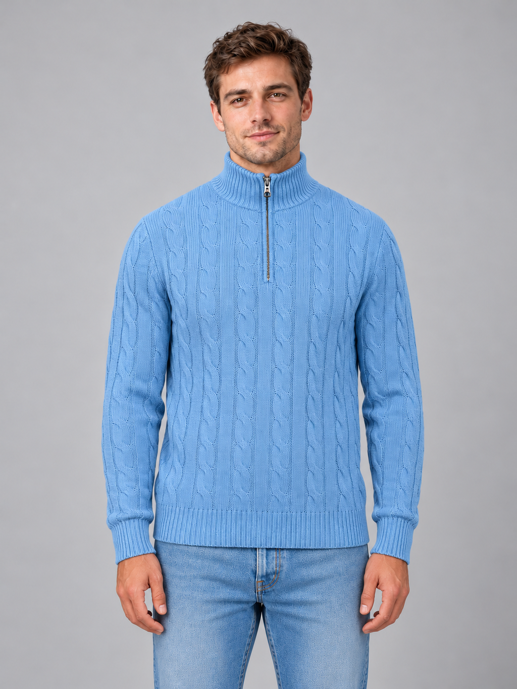 Men's cable knit quarter zip jumper — light blue front studio view