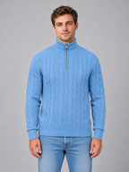 Men's cable knit quarter zip jumper — light blue front studio view