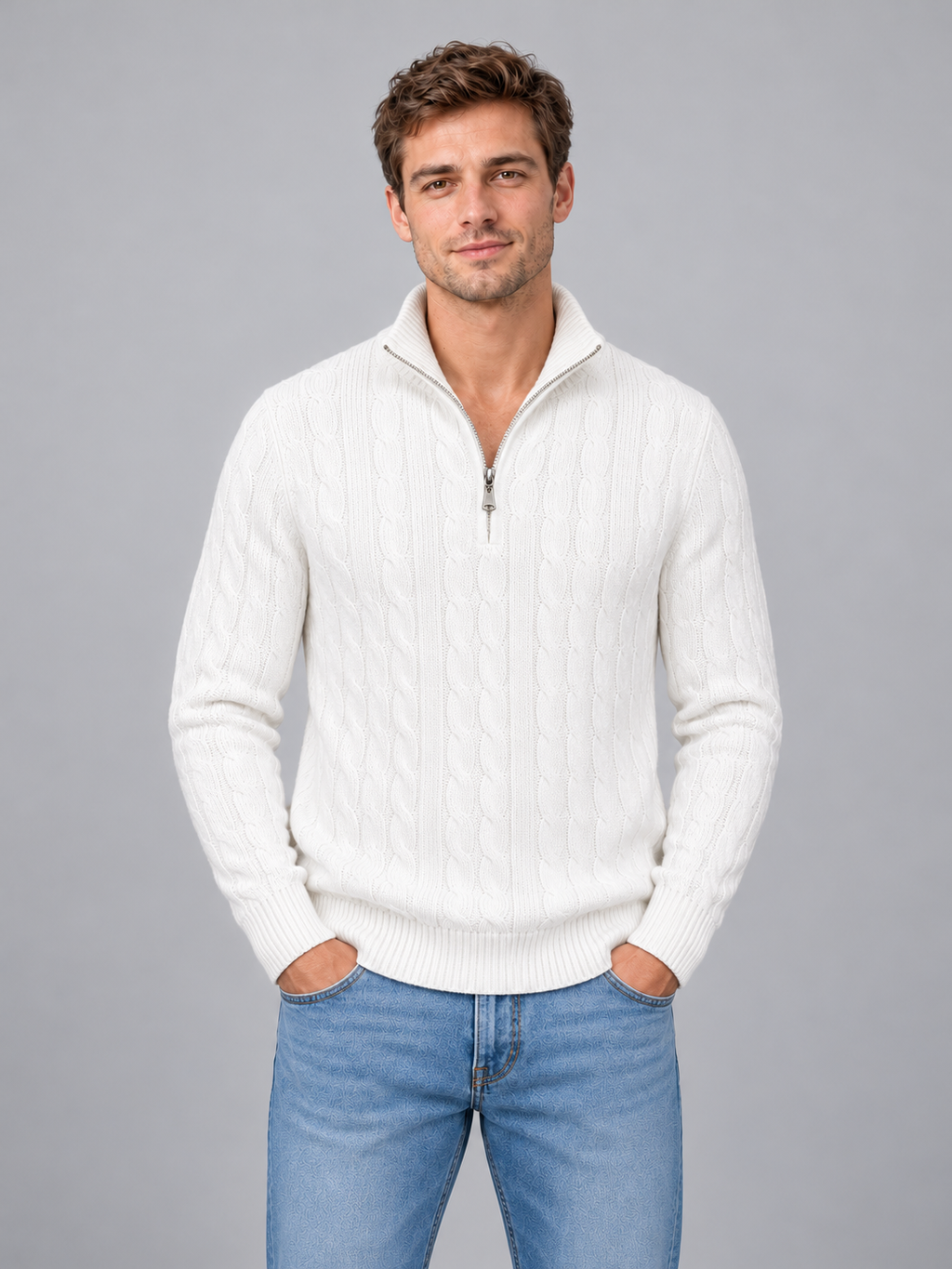 Men's cable knit quarter zip jumper — white front studio view