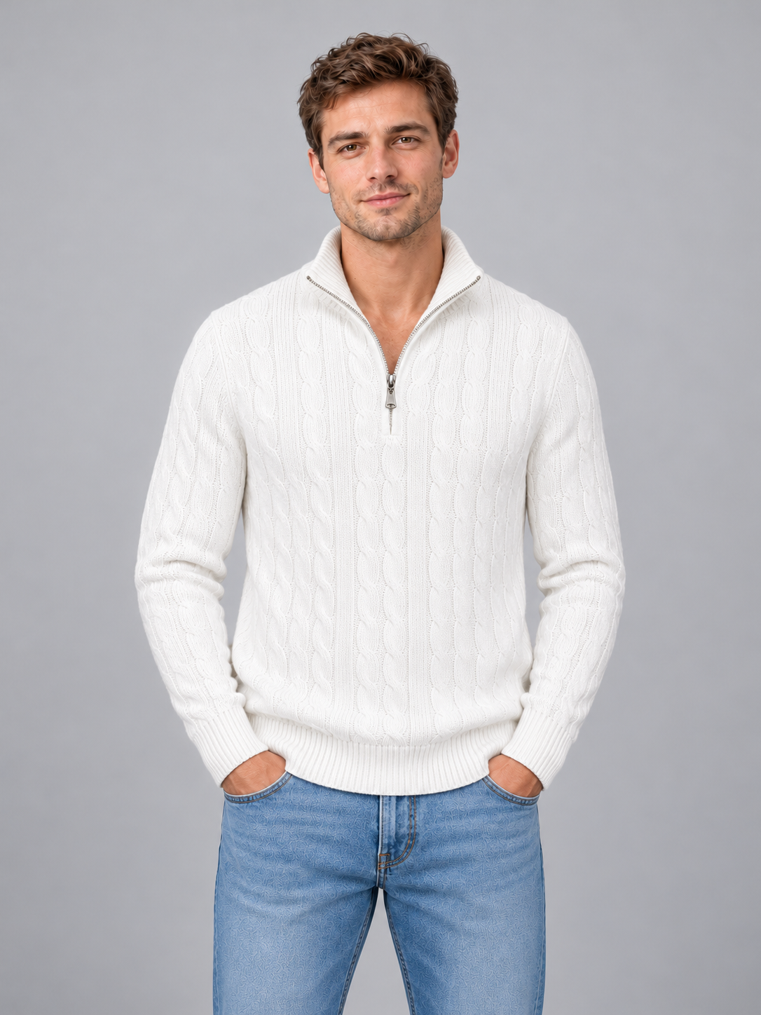Men's cable knit quarter zip jumper — white front studio view