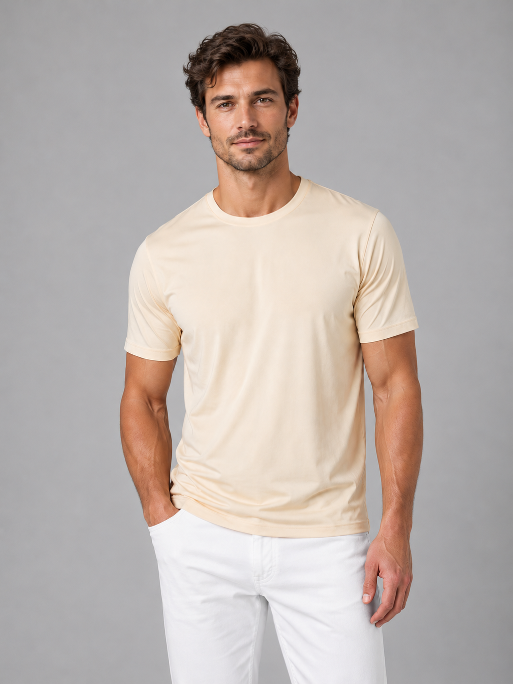Men's beige cooling T-shirt, front studio view