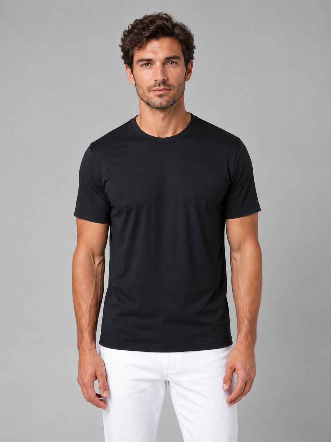 Men's black cooling T-shirt, front studio view