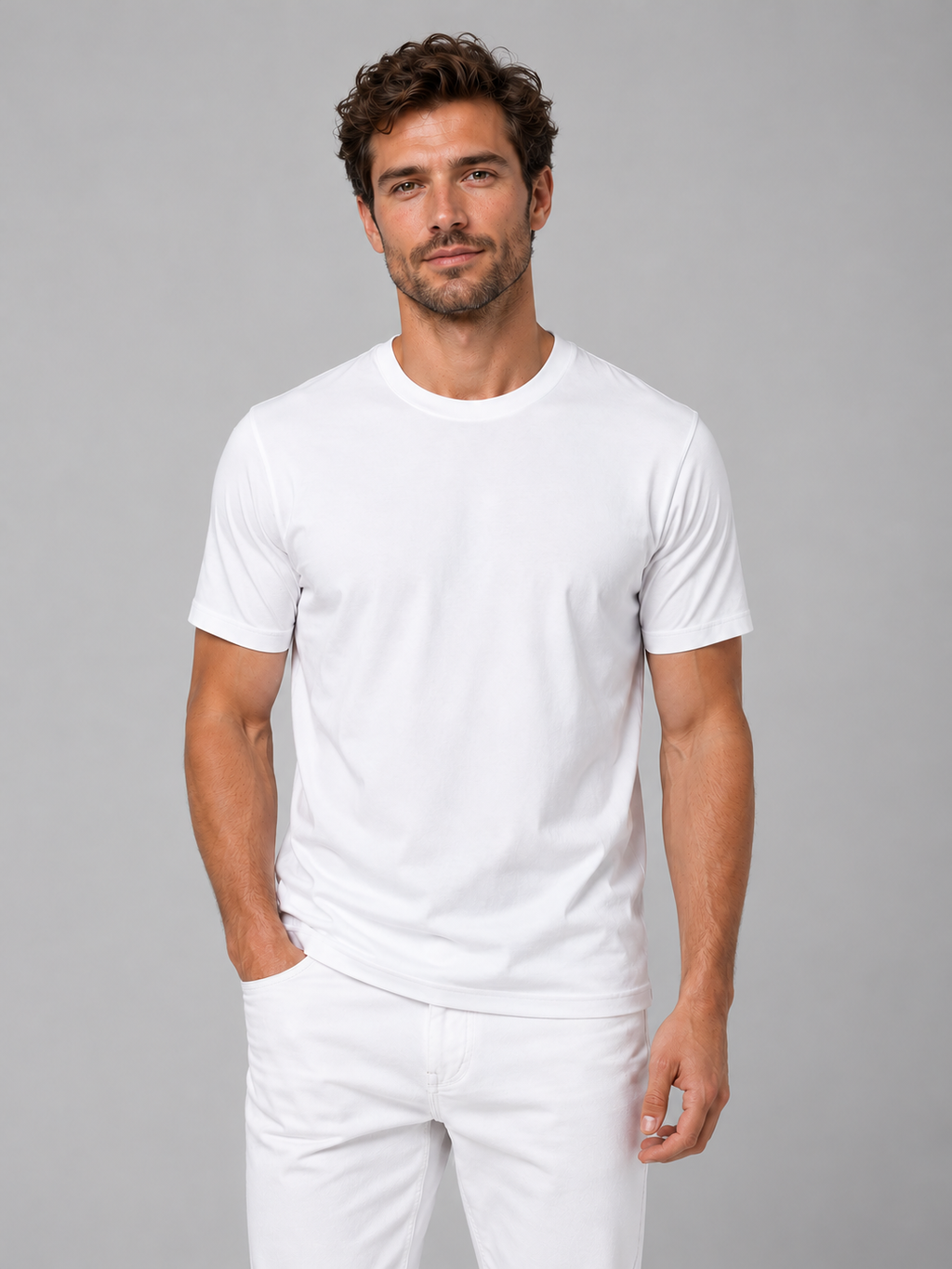Men's white cooling T-shirt, front studio view