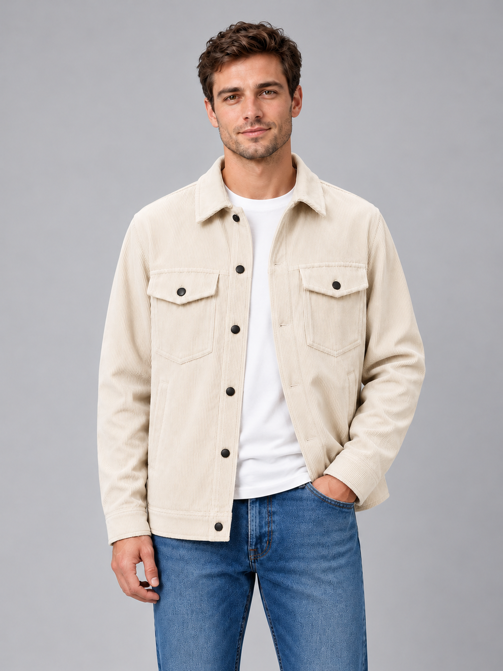 Men's corduroy overshirt — apricot alternate studio view