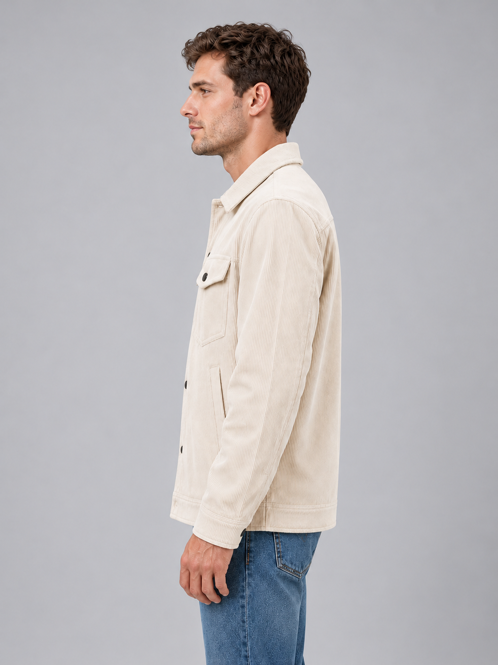 Men's corduroy overshirt — apricot side studio view