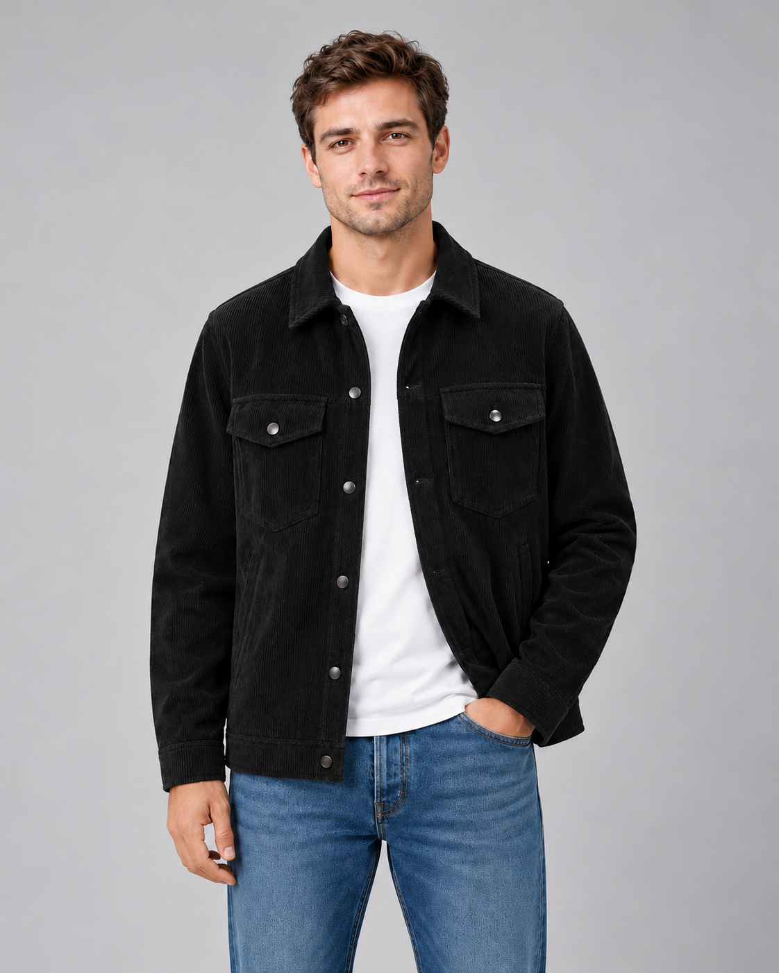 Men's corduroy overshirt — black front studio view
